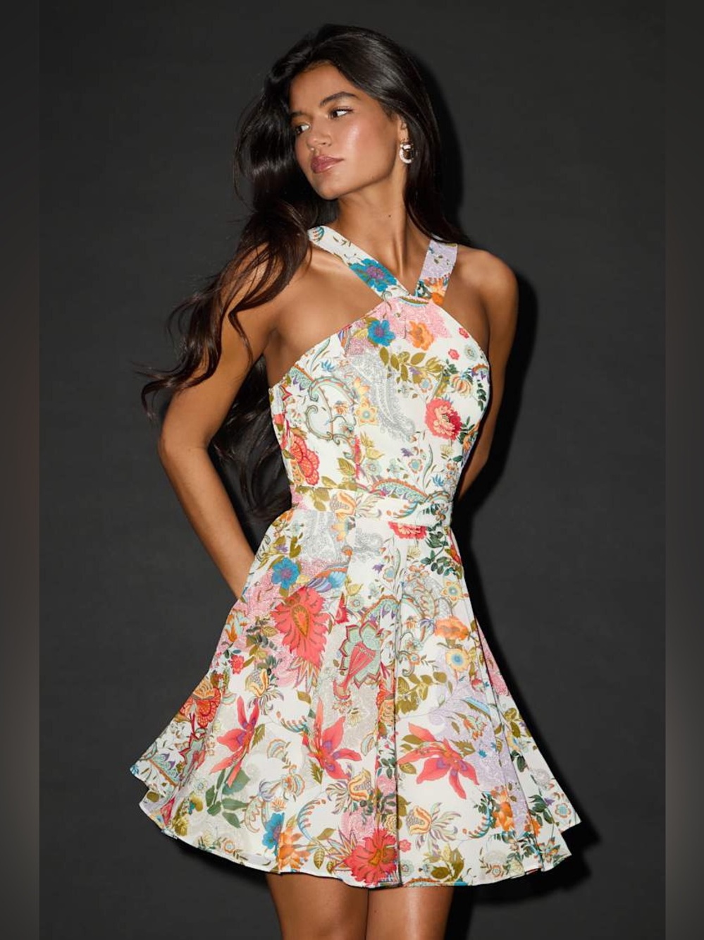 LULUS Art Nouveau Floral Chiffon Halter Neck Flirty Coquette Skater Mini Dress M